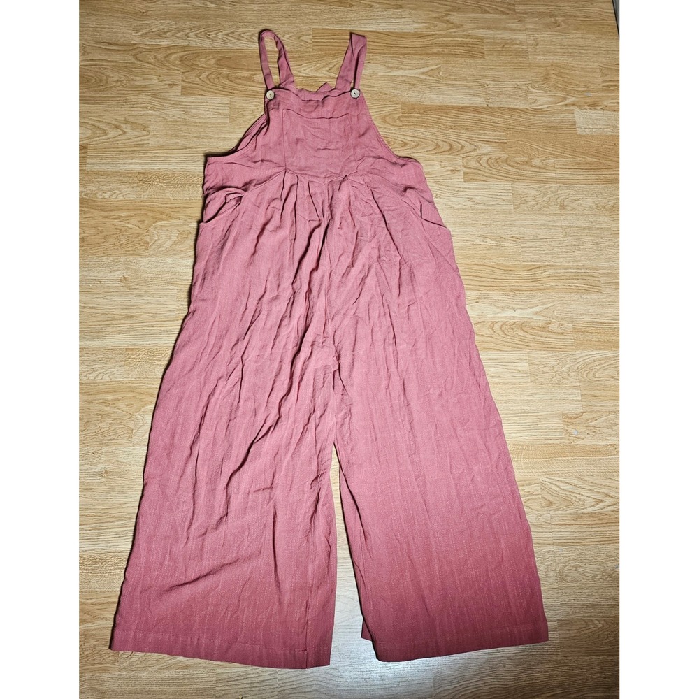 UEU Womens Wide Leg Overalls Dusty Rose Pink Boho Linen Blend Jumpsuit Large - Picture 1 of 3